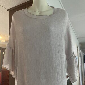 Oatmeal color pullover blouse with three-quarter ruffle sleeves, preloved,